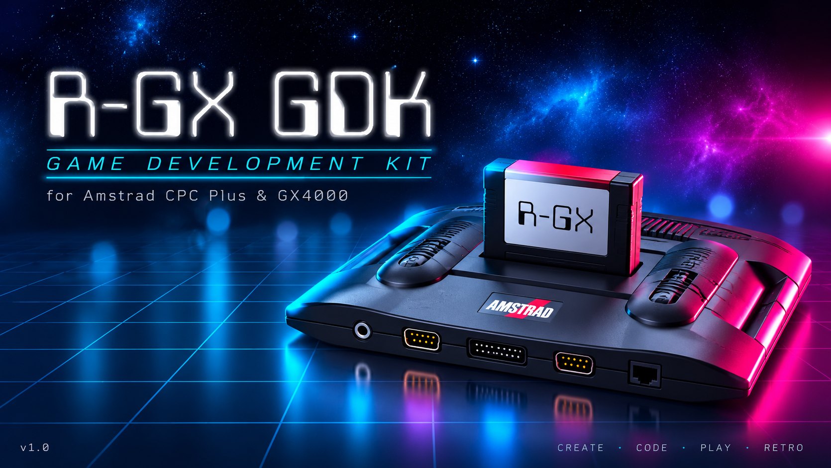 R-GX GDK, the Game Development Kit for Amstrad CPC Plus and GX4000, shown with a GX4000 console and an R-GX cartridge.